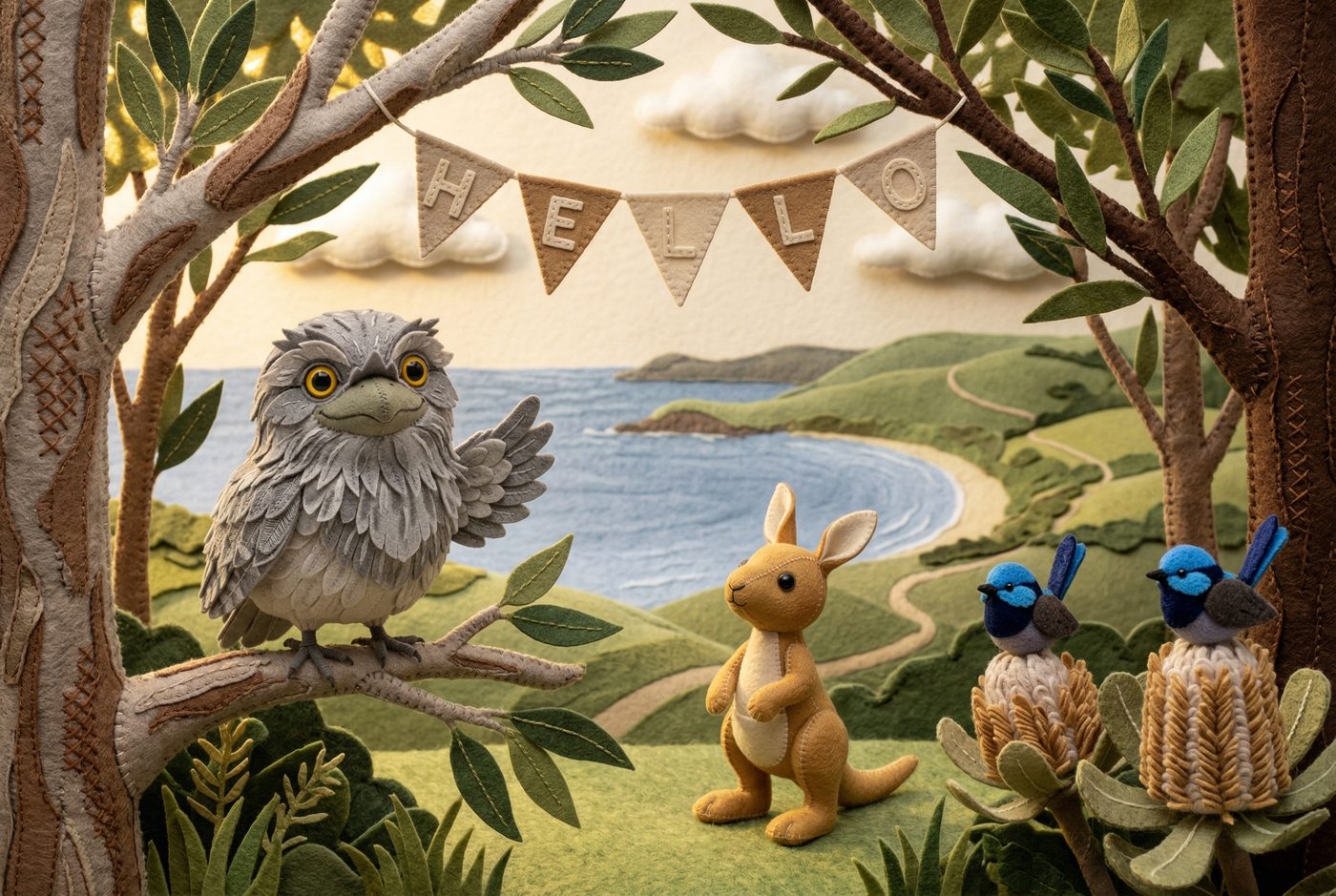 Vanessa the felt Tawny Frogmouth waves a warm hello from a branch while a curious felt kangaroo joey looks up, ready to meet her
