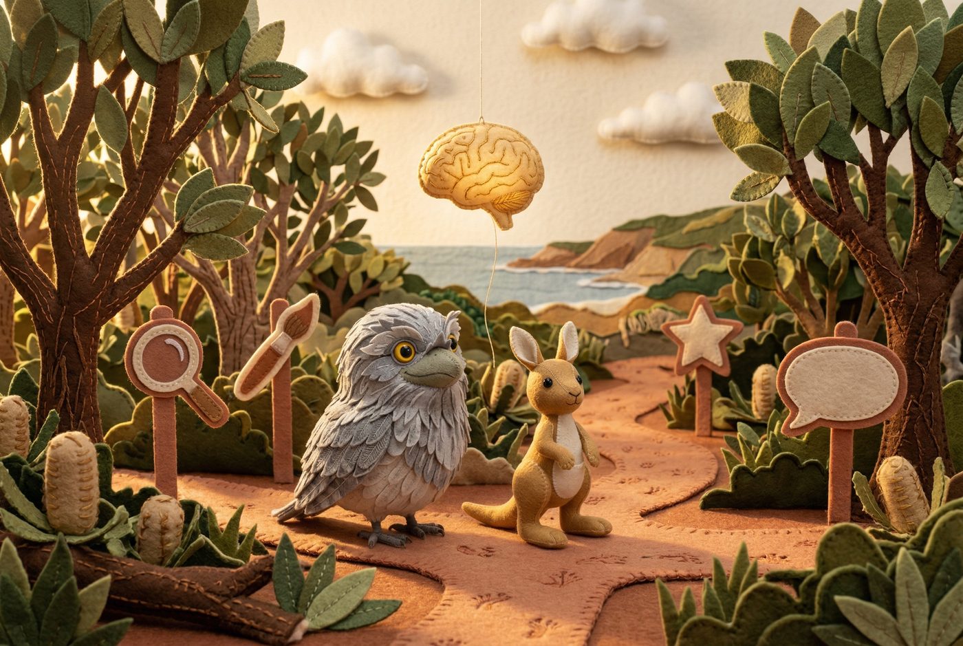 The felt frogmouth and joey set off on their brain adventure along a bushland trail, passing puzzle-piece signposts with a glowing felt brain floating above