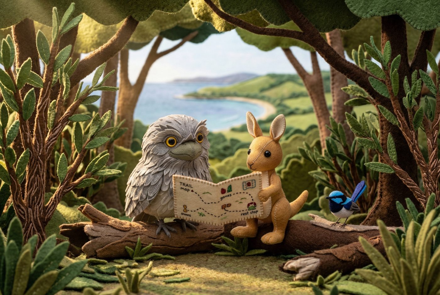 The felt frogmouth and joey sit side by side on a log, exploring ideas together like scientists while a fairy-wren listens nearby
