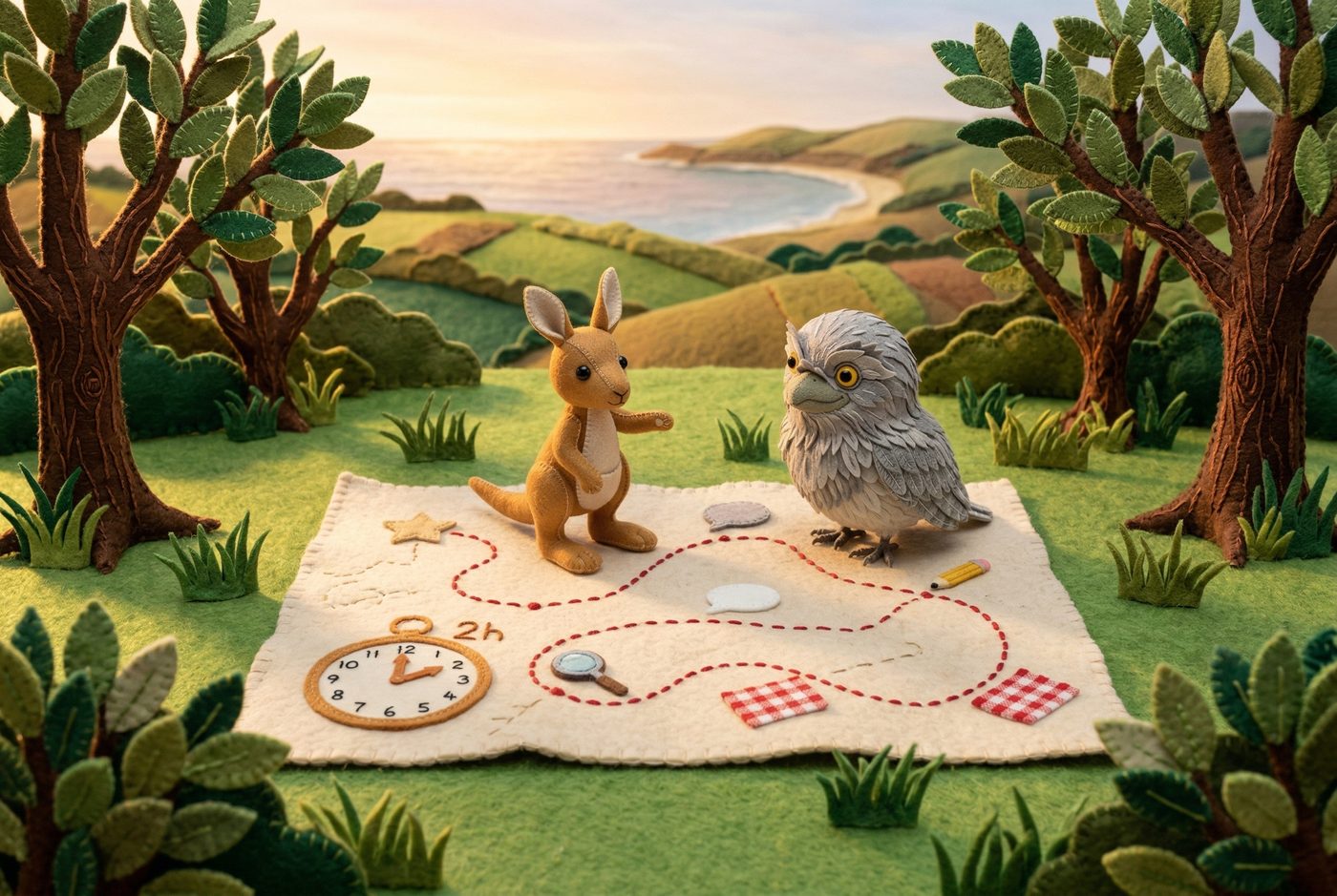 The joey points excitedly at a felt picture map of the whole adventure while the frogmouth nods encouragingly, with a felt clock showing two hours