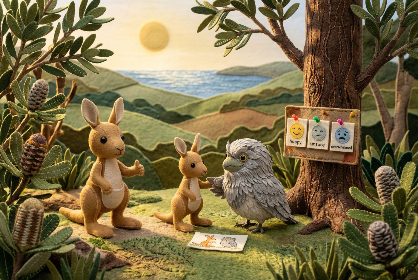 The joey signals with a thumbs up while feelings cards hang from a tree and the frogmouth listens attentively to anything the joey wants to share