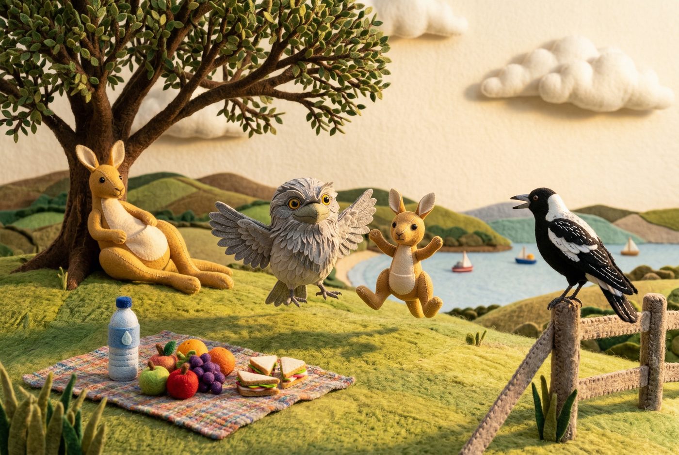 The joey and frogmouth take a break together with star jumps while a magpie watches and the parent kangaroo rests under a tree