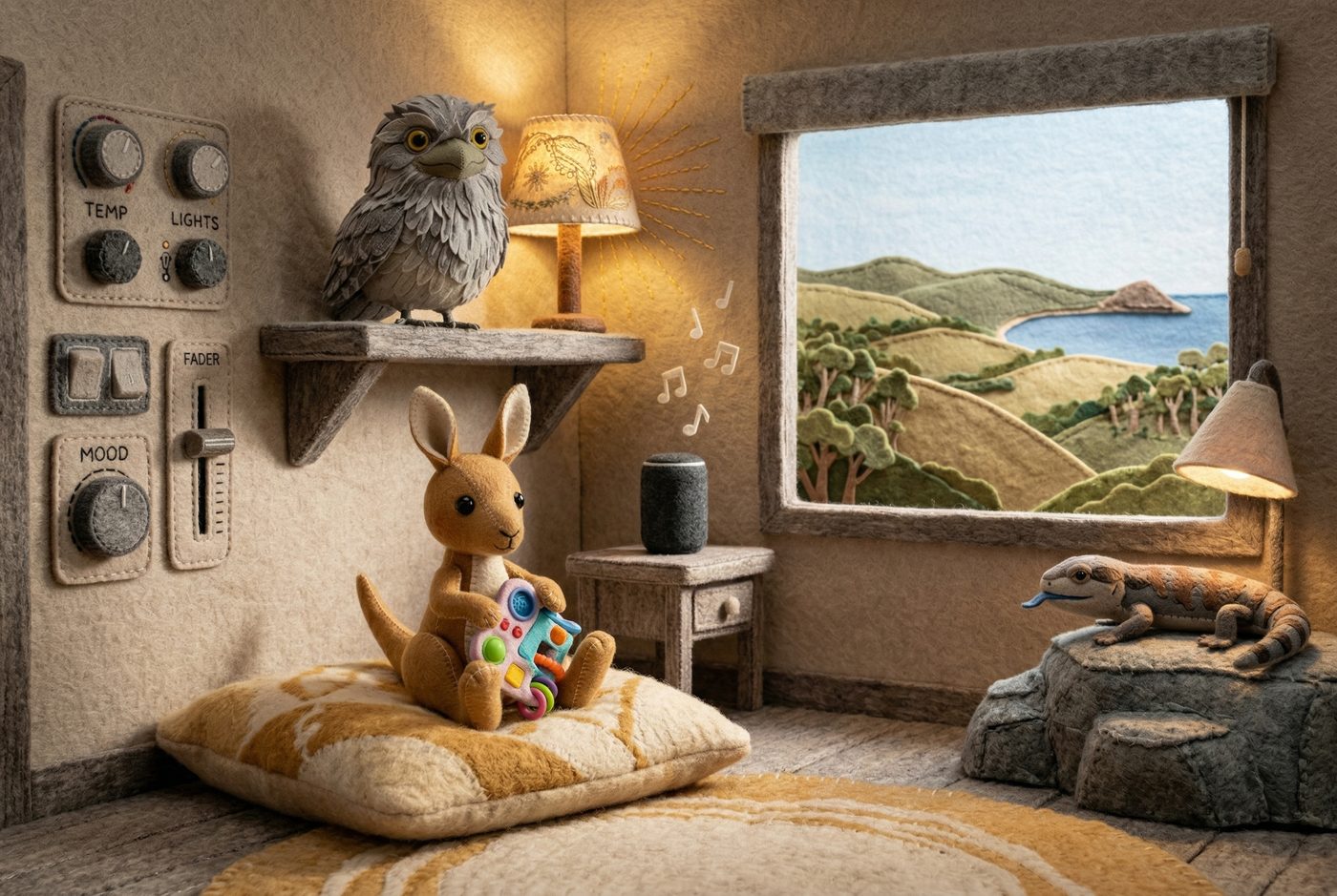 The joey settles into a cosy felt room with a fidget toy and softly turning dials for light and sound, while the frogmouth watches kindly from a shelf beside a blue-tongue lizard