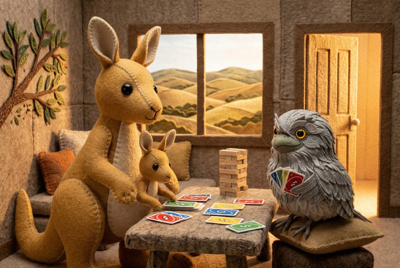 The joey peeks from the parent kangaroo's pouch at a welcoming table of Uno cards and Jenga while the frogmouth holds a hand of cards, ready to play together