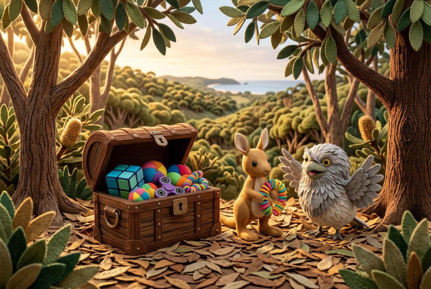 The joey holds up a favourite stretchy toy brought from home while the frogmouth looks delighted and an echidna inspects a treasure box of squishy balls and fidgets to share