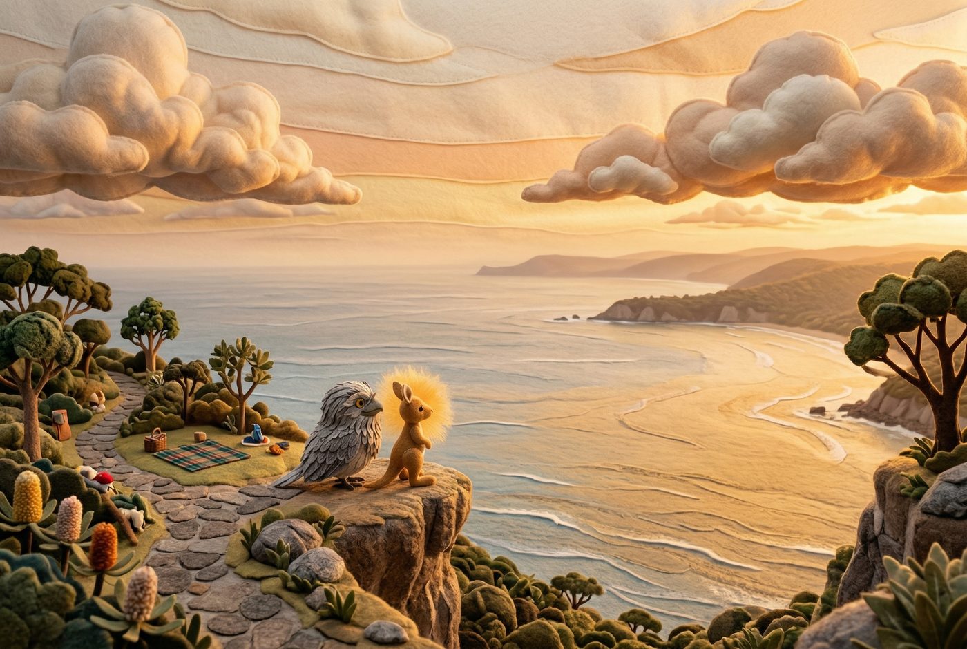 The joey and frogmouth sit side by side on a clifftop overlooking Port Phillip Bay at sunset, the winding adventure trail behind them marking all they've explored together